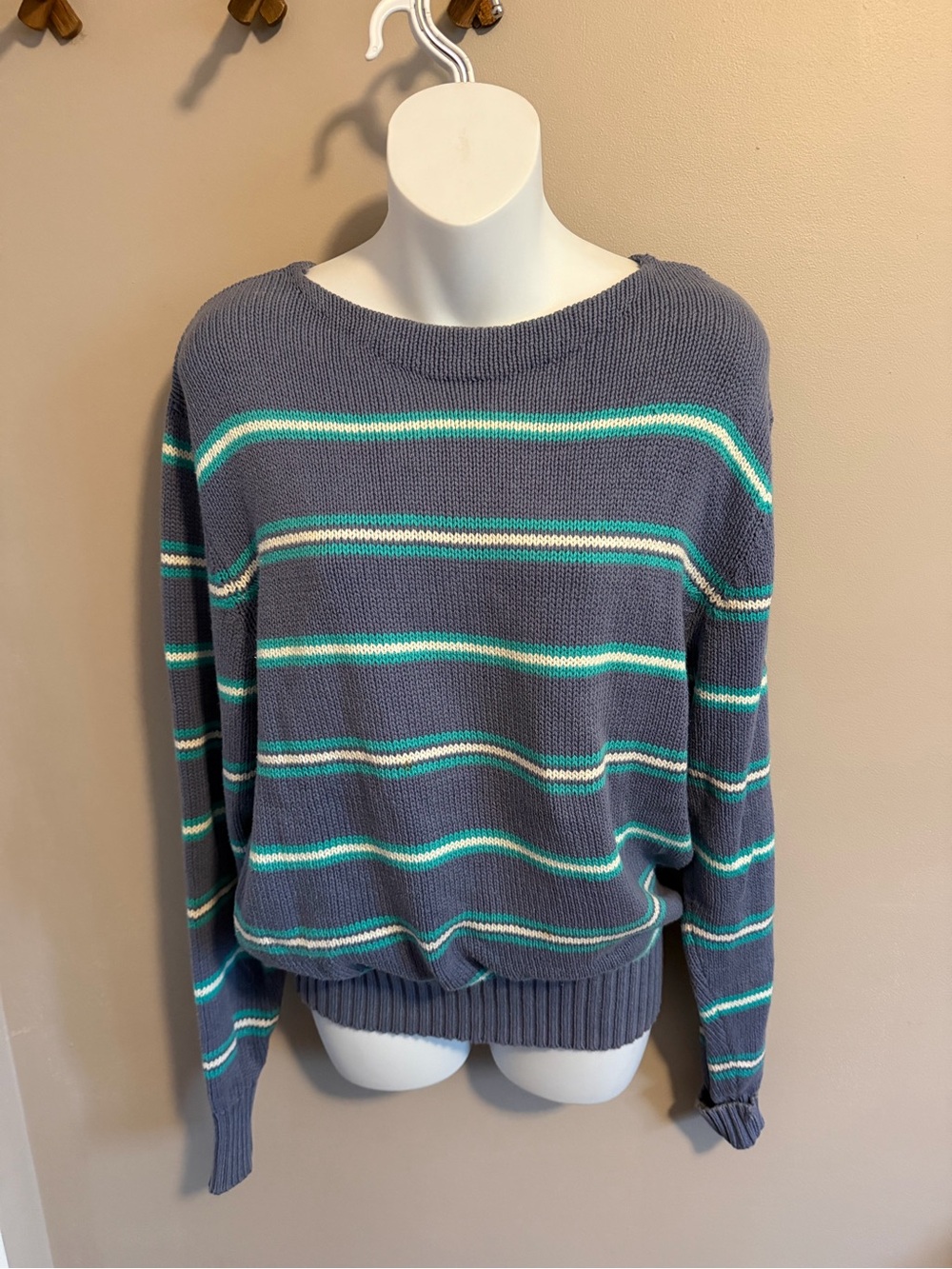 Vintage Merona Sport Striped Heavy Cotton Knit Crewneck Sweater Blue Teal L